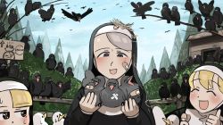 3girls :d ^_^ animal bandaid bandaid_on_cheek bandaid_on_face bandaid_on_head bird blonde_hair bush chick chicken chicken_coop closed_eyes clumsy_nun_(diva) commentary crow diva_(hyxpk) duck english_commentary fence flying grey_eyes grey_hair highres holding holding_animal holding_bandaid holding_bird in_tree leaf_nun_(diva) little_nuns_(diva) multiple_girls nest nun object_on_head on_fence on_roof open_mouth outdoors sign sky slice_of_life smile spicy_nun_(diva) spread_wings sweatdrop thumbs_up too_many too_many_birds traditional_nun tree yellow_eyes