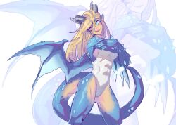 1girl abs animal_ears blonde_hair blue_eyes cameltoe commentary dragon_ears dragon_girl dragon_horns dragon_tail dragon_wings english_commentary extremely-nervess highres horns ice_dragon long_hair monster_girl one-piece_swimsuit one-piece_tan one_eye_closed original scales smile solo swimsuit tail tan tanline wings