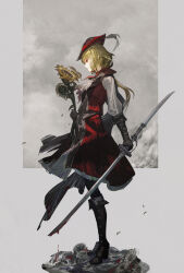black_gloves blood feathers flower gloves green_hair hat highres holding holding_weapon kazami_yuuka kumatangent long_hair red_eyes red_hat scarf standing sunflower touhou weapon white_scarf