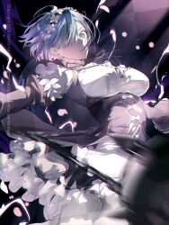 1girl black_corset black_headband black_ribbon blue_eyes blue_hair blurry blurry_foreground bow corset dress flower frilled_dress frills hair_between_eyes hair_ornament hair_over_one_eye hairclip headband highres light_particles light_rays looking_at_viewer nakddidi parted_lips re:zero_kara_hajimeru_isekai_seikatsu rem_(re:zero) ribbon short_hair solo white_bow white_dress white_flower x_hair_ornament