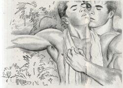 2boys absurdres armpit_hair armpits bara ben_kimura couple foreplay greyscale highres kiss magazine_scan male_focus monochrome multiple_boys nude original outstretched_arms realistic scan short_hair spread_arms thick_eyebrows toned toned_male torogao upper_body yaoi
