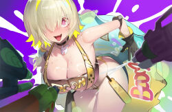 Rule 34 | 1girl, aiming, arm strap, armpits, bare arms, bare legs, bare shoulders, bent over, black choker, black gloves, blonde hair, blush, breasts, bright pupils, choker, cleavage, clothing cutout, colored inner hair, commentary, elegg (boom and shock) (nikke), elegg (nikke), english commentary, fang, full-face blush, furrowed brow, gloves, goddess of victory: nikke, hair intakes, hair over one eye, heart cutout, highres, innertube, koi wanko, large breasts, long bangs, looking at viewer, multicolored hair, official alternate costume, open mouth, purple background, purple eyes, rabbit ornament, shiny skin, short hair, single glove, slingshot swimsuit, slit pupils, small sweatdrop, solo, suggestive fluid, swim ring, swimsuit, thigh gap, thighs, two-tone hair, watch, water gun, wet, white pupils, wide-eyed, wristwatch, yellow slingshot swimsuit