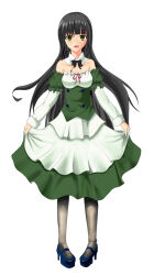 1girl black_hair black_shoes dress green_dress shoes simple_background white_aprone