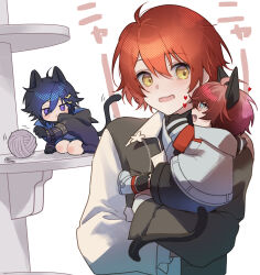 3boys :&lt; aged_down ahoge animal_ears animal_hands black_hair blush carrying carrying_person cat_boy cat_ears cat_paws cat_tail cat_tower child commentary_request hair_between_eyes hanasaki_miyabi hanasaki_miyabi_(7th_costume) heart highres holostars holostars_english jewelry kanade_izuru kanade_izuru_(1st_costume) looking_at_another luma8b machina_x_flayon machina_x_flayon_(2nd_costume) male_focus multiple_boys open_mouth purple_eyes red_hair short_hair slit_pupils smile tail upper_body virtual_youtuber white_background wool