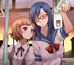 10s 2girls artist_name black_ribbon blush brown_hair closed_eyes dusk glasses hair_ornament hairclip hand_grip holding_hand_grip kenjo_hibiki long_hair multiple_girls niina_ryou pole red-framed_eyewear red_ribbon ribbon sailor_collar school_uniform serafuku shigure_kasumi shirt short_hair short_sleeves smile train train_interior upper_body valkyrie_drive valkyrie_drive_-mermaid- white_shirt yuri