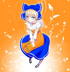 1girl bad_anatomy bad_proportions basket blonde_hair blue_eyes choker dress female_focus flat_chest food france french_flag fruit full_body gradient_background headdress highres long_dress mandarin_orange mary_janes orangina oshou personification pigeon-toed poorly_drawn ribbon_choker shoes smile socks solo striped_clothes striped_legwear striped_socks v_arms vertical-striped_clothes vertical-striped_legwear vertical-striped_socks