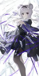1girl absurdres animal_ears arknights belt black_belt black_dress black_eyes black_hairband black_pantyhose closed_mouth commentary_request crossed_bangs dress feet_out_of_frame fingernails floating_hair grey_hair hair_intakes hairband hand_up highres lin_(arknights) long_hair looking_at_viewer mouse_ears mouse_girl mouse_tail pantyhose shards solo songchuan_li standing tail wide_sleeves
