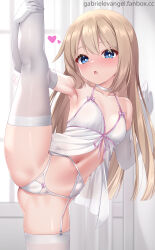 1girl :o arm_support babydoll bare_shoulders blue_eyes blush breasts brown_hair choker day elbow_gloves gabriel_evangel garter_straps gloves hair_between_eyes hands_up highres holding_own_leg indoors leg_up legs long_hair looking_at_viewer navel neptune_(series) panties presenting ram_(neptunia) skindentation small_breasts solo split standing standing_on_one_leg standing_split thighhighs thighs underwear very_long_hair white_babydoll white_choker white_gloves white_panties