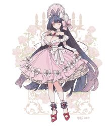1girl :o animal_ears anklet bow breasts cat_ears cat_girl cat_tail chest_strap cleavage commentary commission detached_sleeves double-parted_bangs dress fashion floral_background flower gem gold_embroidery heterochromia jewelry large_breasts lemon89h looking_at_viewer original pink_bow pink_dress pink_eyes pink_flower red_brooch red_gemstone red_shoes rococo_movement rose scar scar_on_leg shoes sidelocks tail yellow_eyes