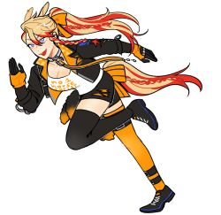 Rule 34 | 1girl, :d, animal ears, axel syrios, black gloves, black jacket, black shoes, black shorts, black thighhighs, blonde hair, blue eyes, bow, braid, braided tail, breasts, clothes writing, collar, commentary, elbow gloves, english commentary, fingerless gloves, full body, genderswap, genderswap (mtf), gloves, hair between eyes, hair bow, highres, hiimtae sb, holostars, holostars english, horse ears, horse girl, horse tail, jacket, kemonomimi mode, large breasts, layered gloves, leash, long hair, long sleeves, mismatched thighhighs, open clothes, open jacket, open mouth, orange bow, orange gloves, orange hair, orange thighhighs, ponytail, running, shirt, shoes, short shorts, shorts, side braid, simple background, single braid, smile, sneakers, solo, tail, thighhighs, umamusume, virtual youtuber, white background, white shirt