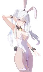 Rule 34 | 1girl, absurdres, animal ears, arm up, armpits, artist request, bare arms, bare shoulders, bell, breasts, check artist, cleavage, commentary request, commission, covered navel, cowboy shot, detached collar, fake animal ears, fake tail, hairband, heterochromia, highleg, highleg leotard, highres, jingle bell, korean commentary, leotard, long hair, looking at viewer, medium breasts, nekojira, open mouth, original, playboy bunny, purple eyes, rabbit ears, rabbit tail, red eyes, second-party source, simple background, smile, solo, strapless, strapless leotard, tail, thigh strap, thighs, twintails, white background, white hair, white leotard, wrist cuffs