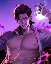 1boy abs absurdres bare_pectorals black_nails bright_pupils clenched_teeth collarbone ear_piercing earrings evil_grin evil_smile fang fingernails fire grin gwima_(kpop_demon_hunters) highres humanization jewelry keiryuu_seo kpop_demon_hunters long_fingernails looking_at_viewer male_focus muscular muscular_male nipples open_clothes open_shirt parted_bangs pectorals piercing pink_eyes purple_fire purple_hair scar scar_across_eyebrow scar_on_face shirt short_hair slit_pupils smile solo teeth white_pupils white_shirt