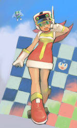 1boy 1girl :d android baseball_cap blush boots breasts checkered_flag cloud cloudy_sky commentary_request day dress flag full_body gloves hat headset mega_man:_battle_&amp;_chase mega_man_(character) mega_man_(classic) mega_man_(series) microphone multicolored_dress open_mouth pink_hair plum_(mega_man) ramb_chop red_footwear ripot_(mega_man) short_dress short_hair sky sleeveless sleeveless_dress small_breasts smile standing wheel white_gloves white_headwear yellow_dress