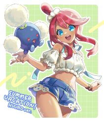 Rule 34 | (basic), 1girl, :d, artist name, bikini, blue eyes, blue shorts, blush, bracelet, collarbone, crop top, eyelashes, gen 2 pokemon, hair ornament, highres, jewelry, jumpluff, looking at viewer, midriff, mipokec, navel, nintendo, official alternate costume, open mouth, pokemon, pokemon (creature), pokemon masters ex, red hair, short hair with long locks, short shorts, shorts, sidelocks, simple background, skyla (pokemon), skyla (summer 2025) (pokemon), smile, solo, swimsuit, teeth, upper teeth only