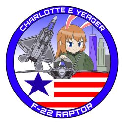 Rule 34 | 1girl, aircraft, animal ears, blue eyes, blush, character name, charlotte e. yeager, closed mouth, commentary request, f-22 raptor, helmet, long hair, long sleeves, military uniform, military vehicle, orange hair, patch, pilot helmet, rabbit ears, rabbit girl, simple background, smile, solo, sss cccp, strike witches, white background, world witches series