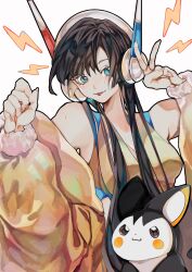 1girl absurdres black_hair blue_eyes elesa_(pokemon) emolga gen_5_pokemon headphones highres lightning_bolt_symbol nail_polish nintendo pink_nails pokemon pokemon_(creature) pokemon_bw2 tongue tongue_out upper_body v yoshiko_0319