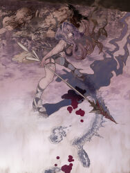 1girl absurdres angry arknights arrow_(projectile) asymmetrical_legwear bare_shoulders black_bodysuit black_shoes black_socks black_thighhighs bleeding blood blood_from_forehead blood_on_face blood_on_ground blood_on_snow bloody_weapon bodysuit breasts cuts demon_girl demon_horns demon_tail drop_shadow exhausted fake_horns floating_hair footprints frilled_hairband frills frostbite full_body hair_between_eyes hairband highres holding holding_arrow holding_weapon horn_hairband horns injury large_breasts long_hair long_hair_between_eyes long_sidelocks looking_at_viewer mismatched_legwear muscular muscular_female open_mouth purple_eyes purple_hair shadow shoes sidelocks single_thighhigh snow socks solo standing tail thiccborb thighhighs thighs threat typhon_(arknights) very_long_hair weapon