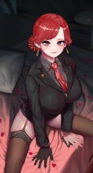 Rule 34 | 1girl, absurdres, arm support, black gloves, black jacket, blazer, blush, breasts, brown thighhighs, feet out of frame, flower, gloves, grey shirt, hair bun, highres, hongryeon (last origin), jacket, large breasts, last origin, light smile, looking at viewer, mole, mole under eye, multiple moles, necktie, no pants, onbawa, petals, red eyes, red flower, red hair, red necktie, red rose, rose, rose petals, shirt, single glove, single side bun, sitting, skindentation, solo, spread legs, swept bangs, thighhighs