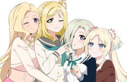 4girls :o ;) ;3 aqua_neckerchief black_sleeves blonde_hair blue_eyes blue_hair blush braid breasts buttons cheek_poking closed_mouth collarbone collared_shirt color_connection crown_braid curtained_hair daleka333 double-breasted dress_shirt flower gradient_hair green_ribbon grey_eyes grey_hair grey_sailor_collar hair_color_connection hair_flower hair_ornament hair_over_one_eye hair_rings hasu_no_sora_school_uniform highres ikizulive!_love_live!_bluebird in-franchise_crossover jacket konohana_aurora large_breasts letterman_jacket link!_like!_love_live! long_sleeves loose_neck_ribbon love_live! love_live!_nijigasaki_high_school_idol_club love_live!_sunshine!! medium_breasts mia_taylor midriff multicolored_hair multiple_girls navel neck_ribbon neckerchief ohara_mari one_eye_closed open_clothes open_jacket osawa_rurino parted_bangs parted_hair parted_lips pink_flower poking purple_eyes red_neckerchief ribbon sailor_collar school_uniform serafuku shirt simple_background single_hair_ring smile split_mouth trait_connection twintails uranohoshi_school_uniform virtual_youtuber white_background white_jacket white_sailor_collar white_shirt winter_uniform yellow_eyes