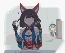 Rule 34 | 2girls, ahoge, animal ear fluff, animal ears, bare shoulders, black gloves, black hair, chest tattoo, commentary, fake animal ears, fingerless gloves, fox ears, gloves, green hair, highres, honkai: star rail, honkai (series), huohuo (honkai: star rail), multiple girls, off-shoulder shirt, off shoulder, red eyes, shirt, short hair, tattoo, unfamousradish, upper body, white shirt, xueyi (honkai: star rail)