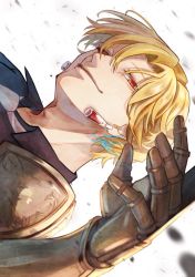 black_shirt blonde_hair blood blouse highres metal_arm necktie red_eyes rip_(undead_unluck) shirt smile tongue tongue_out undead_unluck white_background