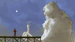 1other blue_sky dock full_moon fur_collar hands_in_pockets highres holding holding_sword holding_weapon hood hood_up hoodie mask minecraft_youtube mini_person moon multiple_views red_hoodie scenery skull_mask sky solo standing statue sword technoblade weapon wolfythewitch