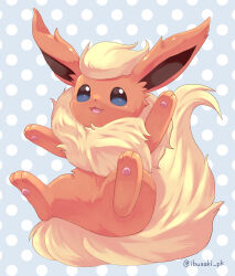 Rule 34 | animal focus, flareon, gen 1 pokemon, highres, ibusaki (ivu), looking up, nintendo, no humans, open mouth, pawpads, pokemon, pokemon (creature), smile, solo, tail, twitter username