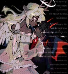 1girl 1other alternate_costume alternate_universe angel angel_and_devil angel_wings animal_ears antlers black_hair commentary deer_antlers deer_ears deer_girl deltarune demon demon_horns demon_wings dress english_commentary english_text frilled_dress frills goomyloid halo hands_on_another&#039;s_face highres horns kris_(deltarune) long_sleeves noelle_holiday off-shoulder_dress off_shoulder parted_lips red_eyes red_horns red_scarf red_wings scarf tears white_dress white_wings wings