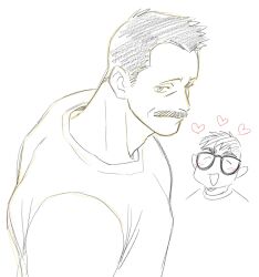 Rule 34 | 2boys, bara, bespectacled, billy russell (dickfish), borrowed clothes, chibi, chibi inset, couple, dickfish (fishismdick), facial hair, furrowed brow, glasses, graphite (medium), heart, highres, john rottweil (dickfish), large pectorals, loving aura, male focus, mature male, multiple boys, muscular, muscular male, mustache, original, pectorals, shirt, short hair, sideburns, sketch, smile, solo focus, spot color, t-shirt, thick eyebrows, traditional media, upper body, yaoi