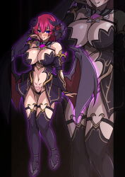Rule 34 | 1girl, :q, absurdres, aoi tabane, aura, bare shoulders, blue eyes, blush, breasts, bridal gauntlets, cleavage, commission, corruption, cosplay, dark aura, dark persona, demon girl, demon horns, demon wings, detached collar, detached sleeves, full body, heart, heart-shaped pupils, highres, horns, kouyoku senki exs-tia, large breasts, licking lips, looking at viewer, low wings, luxtia, luxtia (cosplay), mind control, navel, original, pixiv commission, pubic tattoo, purple eyes, red hair, revealing clothes, short hair, showgirl skirt, smile, solo, symbol-shaped pupils, tattoo, thighhighs, tongue, tongue out, wings, zoom layer