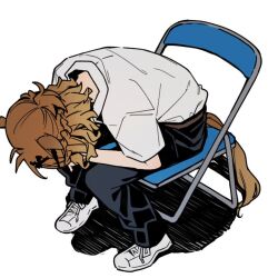 1girl bent_over black_pants braid brown_hair brown_tail chair collared_shirt commentary_request cosplay despair facing_away folding_chair full_body half_up_half_down_braid ikari_shinji ikari_shinji_(cosplay) jungle_pocket_(umamusume) medium_hair meme pants school_uniform shinji_in_a_chair_(meme) shirt shirt_tucked_in shoes short_sleeves sitting solo to_zaemon tokyo-3_middle_school_uniform umamusume white_shirt white_shoes