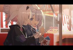 2girls anohito401 arona_(blue_archive) black_border black_kimono blue_archive blue_eyes blue_hair blue_kimono border bow_hairband braid colored_inner_hair food hair_bun hairband japanese_clothes kimono letterboxed looking_at_another multicolored_hair multiple_girls pink_hair plana_(blue_archive) print_kimono shaved_ice side_braid tongue tongue_out two-tone_hair upper_body white_hair white_hairband