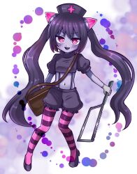 1girl :d bag black_hair black_shirt black_shoes blush brown_bag chrome_(mon-musu_quest!) colored_skin commentary_request crop_top cross demon_girl full_body gloves hacksaw hat highres horizontal-striped_thighhighs horns long_hair looking_at_viewer mon-musu_quest! navel nurse_cap open_mouth pantyhose petitripple pink_eyes pink_horns pink_thighhighs puffy_short_sleeves puffy_sleeves purple_skin purple_thighhighs red_cross ringed_eyes rubber_gloves saw shirt shoes short_sleeves shorts shoulder_bag smile solo striped_clothes striped_thighhighs suspender_shorts suspenders thighhighs twintails v-shaped_eyebrows very_long_hair