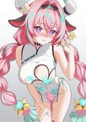 1girl absurdres ahoge alternate_costume animal_ear_piercing animal_ears aqua_hair bare_shoulders bell blush braid breast_focus breasts china_dress chinese_clothes closed_mouth clothing_cutout cow_ears cow_horns cow_tail dress genshin_impact hair_between_eyes hair_ornament hairband highres horns large_breasts leaning_forward leg_focus long_hair looking_at_viewer multicolored_hair nail_polish pink_hair purple_eyes sasaki3rd sleeveless solo streaked_hair tail twin_braids two-tone_hair varesa_(genshin_impact) very_long_hair