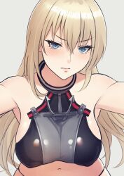 Rule 34 | 1girl, absurdres, bismarck (kancolle), blonde hair, blue eyes, blush, breasts, closed mouth, crop top, eyelashes, grey background, hair between eyes, highres, kantai collection, large breasts, long hair, looking at viewer, midriff, odachu, simple background, sleeveless, solo, tears, upper body, very long hair