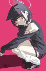 1girl absurdres alternate_costume animal_ears bare_shoulders black_choker black_shirt black_shoes black_shorts blue_archive blush cat_ears cat_girl choker closed_mouth clothing_cutout ear_piercing extra_ears facial_tattoo hair_behind_ear hand_on_own_cheek hand_on_own_face heart heart_tattoo highres inner_animal_ears inner_hair jewelry kazusa_(blue_archive) kneehighs looking_at_viewer loose_socks multiple_rings piercing pink_eyes pink_hair qtian ring shirt shoes short_shorts shorts shoulder_cutout socks solo squatting tattoo white_socks