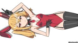 1girl animal_ears black_collar black_garter_straps black_gloves black_thighhighs blonde_hair breasts bright_pupils closed_mouth collar cowboy_shot fake_animal_ears garter_straps gloves hair_between_eyes hand_on_own_stomach hand_up highleg highleg_leotard highres leotard long_hair lying necktie on_back original playboy_bunny rabbit_ears red_eyes red_leotard red_necktie simple_background solo thighhighs tsunderemaids twintails twitter_username v white_background white_pupils
