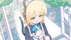 Rule 34 | 1girl, animal ear headphones, animal ears, apron, aqua bow, aqua bowtie, black dress, black tail, blonde hair, blue archive, blush, bow, bowtie, bucket, cat ear headphones, cat ears, cat tail, cleaning rag, closed mouth, collared dress, commentary request, contrast collar, day, dot nose, dress, fake animal ears, fake tail, floor, flower, frilled apron, frills, from outside, green eyes, half-closed eyes, hands up, headphones, highres, holding, long sleeves, looking ahead, looking outside, low twintails, maid, maid apron, maid headdress, medium hair, midori (blue archive), midori (maid) (blue archive), official alternate costume, official alternate hairstyle, open window, pixel art, plant, posi (fridesoakednasu), potted plant, puffy long sleeves, puffy sleeves, short twintails, sidelocks, sleeve cuffs, smile, solo, split mouth, sunlight, tail, tail raised, twintails, upper body, water, white apron, white headdress, window, wooden floor