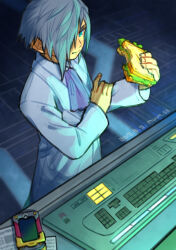 1boy ascot blue_eyes blue_hair cellphone computer_keyboard dated desk eating food food_in_mouth hair_over_one_eye hand_up holding holding_food holding_sandwich ienzo indoors kingdom_hearts kingdom_hearts_iii lab_coat looking_down male_focus night paper phone purple_ascot sandwich skyloop19 smartphone solo twitter_username upper_body