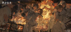 Rule 34 | 4girls, 6+boys, bars, blindfold, book, bottle, brown hair, burning, chain, closed eyes, copyright name, copyright notice, covered eyes, cuffs, dancing, facing another, feet out of frame, fire, hand on another&#039;s back, highres, holding hands, indoors, jacket, logo, long hair, multiple boys, multiple girls, official art, official wallpaper, open book, pants, prison, prison cell, prisoner, reverse:1999, shelf, short hair, smile, table, waltz (dance), white blindfold, white jacket, white pants