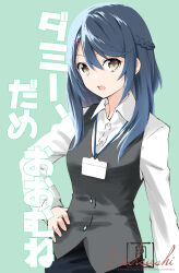1girl black_vest blue_hair braid breasts commentary_request green_background hair_ornament hairclip half_up_braid hand_on_own_hip hibi_wa_sugiredo_meshi_umashi id_card long_hair looking_at_viewer natsushi open_mouth ota_mayumi pencil_skirt shirt skirt small_breasts solo swept_bangs translated vest white_shirt yellow_eyes