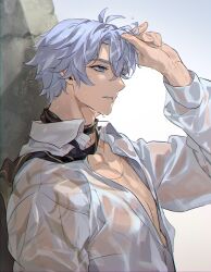 1boy absurdres antenna_hair black_necktie blue_eyes collared_shirt commentary_request donburi_rn from_side hand_in_own_hair hand_up highres honkai:_star_rail honkai_(series) korean_commentary male_focus necktie official_alternate_costume parted_bangs parted_lips partially_unbuttoned pectoral_cleavage pectorals phainon_(anan)_(honkai:_star_rail) phainon_(honkai:_star_rail) profile see-through_clothes see-through_shirt shirt short_hair solo upper_body wet wet_clothes wet_hair wet_shirt white_hair white_shirt