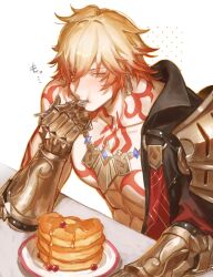 1boy abs absurdres arm_tattoo armor bare_pectorals black_coat blonde_hair braid chest_tattoo clawed_gauntlets coat commentary_request earrings eating facial_tattoo food gold_earrings gold_necklace gradient_hair hair_between_eyes highres holding holding_spoon honkai:_star_rail honkai_(series) jewelry looking_at_viewer male_focus matuka10101 medium_hair multicolored_hair mydei_(honkai:_star_rail) necklace open_clothes open_coat pancake pancake_stack pauldrons pectorals red_hair red_tattoo shoulder_armor side_braid simple_background single_pauldron solo spoon tattoo toned toned_male white_background yellow_eyes