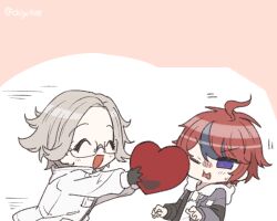 2boys aotsuki_eito black_gloves blue_eyes blush chibi chiyo408 closed_eyes drawstring glasses gloves grey_hair grey_jacket heart holding holding_heart hood hoodie jacket lowres male_focus multicolored_hair multiple_boys open_clothes open_jacket red_hair short_hair small_sweatdrop smile streaked_hair sumino_takumi the_hundred_line_-last_defense_academy- twitter_username upper_body white_hoodie white_jacket