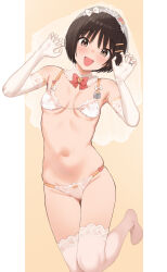 Rule 34 | 1girl, :d, amagami, bikini, bow, bowtie, bridal bikini, bridal veil, brown eyes, brown hair, detached collar, elbow gloves, gloves, hair ornament, hairclip, highres, jewelry, navel, open mouth, paw pose, red bow, red bowtie, ring, serizawa (serizawaroom), short hair, simple background, smile, solo, swimsuit, tachibana miya, thighhighs, veil, wedding ring, white bikini, white gloves, white thighhighs