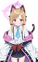 Rule 34 | 1girl, :t, absurdres, animal ear headphones, animal ears, black jacket, black skirt, black tail, blonde hair, blue archive, blue necktie, blush, bow, buttons, cat ear headphones, cat ears, cat tail, closed mouth, collared shirt, commentary, cowboy shot, dress shirt, eyebrows hidden by hair, fake animal ears, fake tail, frilled skirt, frills, hair bow, halo, headphones, highres, jacket, jacket partially removed, looking at viewer, low-tied sidelocks, medium hair, momoi (blue archive), multicolored jacket, necktie, oversized clothes, parted bangs, pink eyes, pink halo, pink jacket, pleated skirt, pout, red bow, school uniform, shin ilst, shirt, sidelocks, simple background, skirt, sleeves past fingers, sleeves past wrists, solo, standing, straight-on, suspender skirt, suspenders, tail, two-sided fabric, two-sided jacket, unbuttoned, unbuttoned jacket, v-shaped eyebrows, white background, white jacket, white shirt