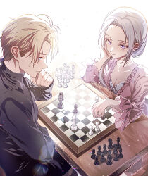 Rule 34 | 1boy, 1girl, bishop (chess), black shirt, blonde hair, blue eyes, board game, breasts, chess, chess piece, chessboard, cleavage, closed mouth, collarbone, collared shirt, couple, dated commentary, dimitri alexandre blaiddyd, edelgard von hresvelg, fire emblem, fire emblem: three houses, fire emblem warriors: three hopes, frilled sleeves, frills, from above, from side, hair over shoulder, hair slicked back, hand on own cheek, hand on own chin, hand on own face, hand up, head rest, highres, holding, holding chess piece, jacket, king (chess), knight (chess), light blush, light particles, light smile, long sleeves, looking down, low ponytail, medium breasts, nervous, nintendo, official alternate hairstyle, parted bangs, pawn (chess), pink jacket, ponytail, purple eyes, queen (chess), rook (chess), shirt, short hair, simple background, soma otakuu, sweatdrop, table, white background, white hair
