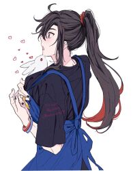 Rule 34 | 1boy, ahoge, alternate costume, animal, animal in clothes, apron, black hair, black nails, black shirt, blue apron, blush, bracelet, contemporary, from side, grey eyes, hair tie, heart, highres, holding, jewelry, long hair, male focus, modao zushi, nail polish, natttume, open mouth, pants, ponytail, profile, rabbit, ring, shirt, short sleeves, sidelocks, simple background, solo, twitter username, upper body, wei wuxian, white background