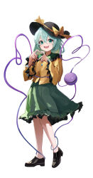 1569847238 1girl 4-finger_heart_hands absurdres black_hat black_shoes bow buttons commentary_request diamond_button eyeball frilled_shirt_collar frilled_skirt frilled_sleeves frills full_body green_eyes green_hair green_skirt hat hat_bow heart heart_hands heart_of_string highres komeiji_koishi long_sleeves looking_at_viewer open_mouth shirt shoes simple_background skirt smile solo third_eye touhou white_background wide_sleeves yellow_bow yellow_shirt