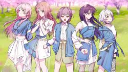 5girls absurdres animal_ears arm_behind_back bang_dream! bang_dream!_it&#039;s_mygo!!!!! belt black_belt black_choker black_hair black_pantyhose blue_belt blue_eyes blue_jacket blue_shirt blush brown_eyes brown_hair brown_skirt chihaya_anon chinese_commentary choker closed_mouth collared_shirt commentary_request derivative_work dress dress_shirt earrings fang fishnet_thighhighs fishnets grey_eyes grey_hair hand_on_own_hip hero45439083942 heterochromia highres jacket jewelry kaname_raana long_hair midriff multiple_girls mygo!!!!!_(bang_dream!) nagasaki_soyo navel open_clothes open_jacket open_mouth pantyhose pink_hair pleated_skirt purple_eyes shiina_taki shirt short_hair single_thighhigh skin_fang skirt takamatsu_tomori teeth textless_version thighhighs white_dress white_hair white_shirt white_skirt yellow_eyes